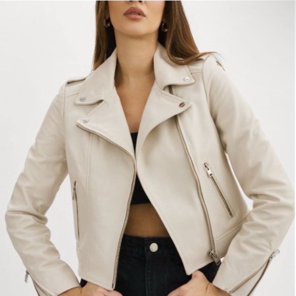 Lamarque Cream Leather Moto Jacket with Notched Lapel - Never Worn